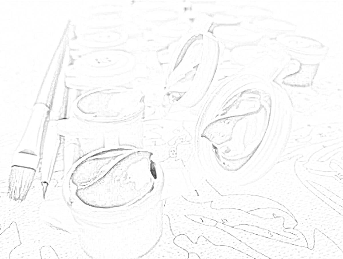 На раскраске изображено: Кисти, Краски