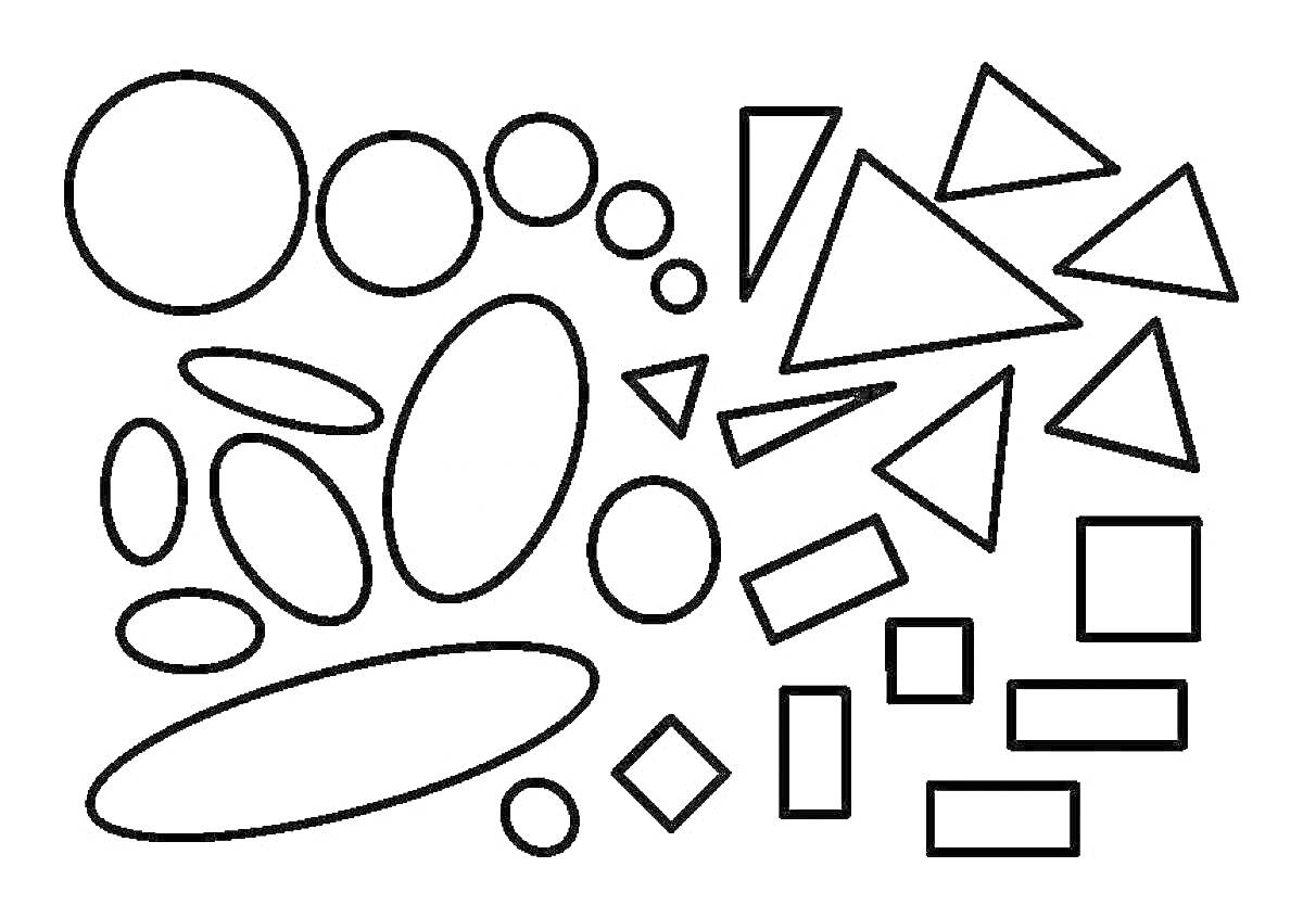 На раскраске изображено: Геометрические фигуры, Круги, Треугольники, Прямоугольники, Квадраты, Ромбы