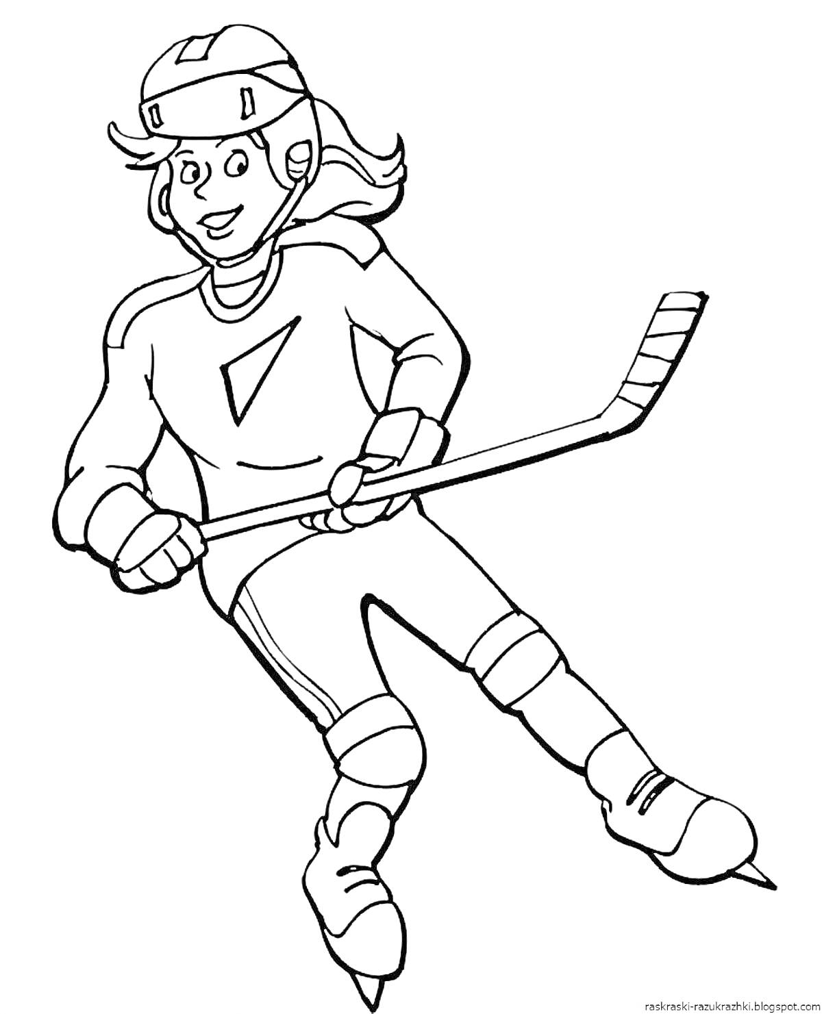 Раскраска Хоккеист с клюшкой в защитной экипировке