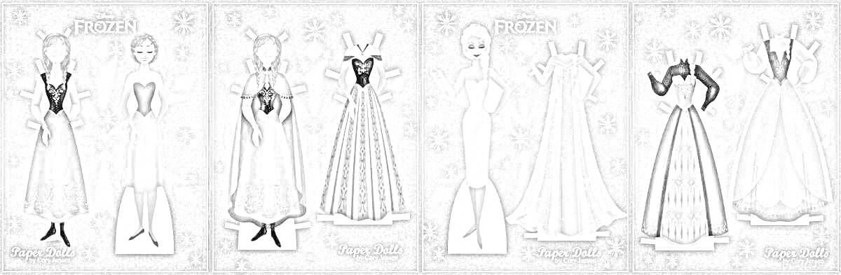 Раскраска Бумажная кукла с одеждой для вырезания. Эльза с комплектом платьев и аксессуаров