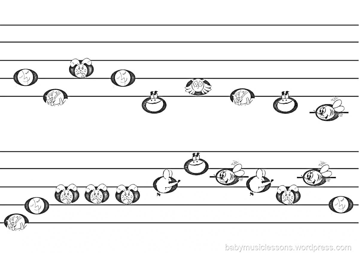 Раскраска нотный стан с изображением мышат внутри нотных головок.