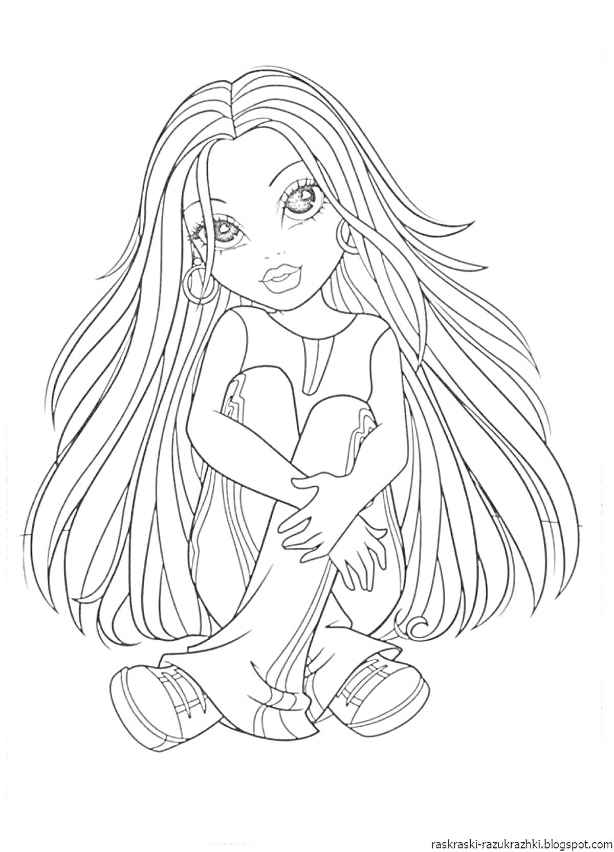 Раскраска Девочка с длинными волосами в широких брюках и свитере