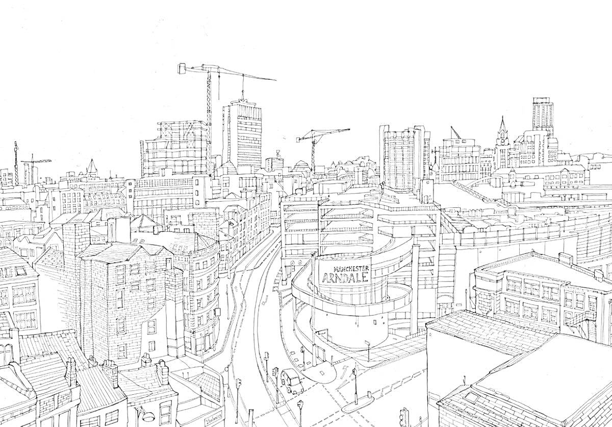 На раскраске изображено: Токио, Городской пейзаж, Движение, Здания, Высотки, Архитектура