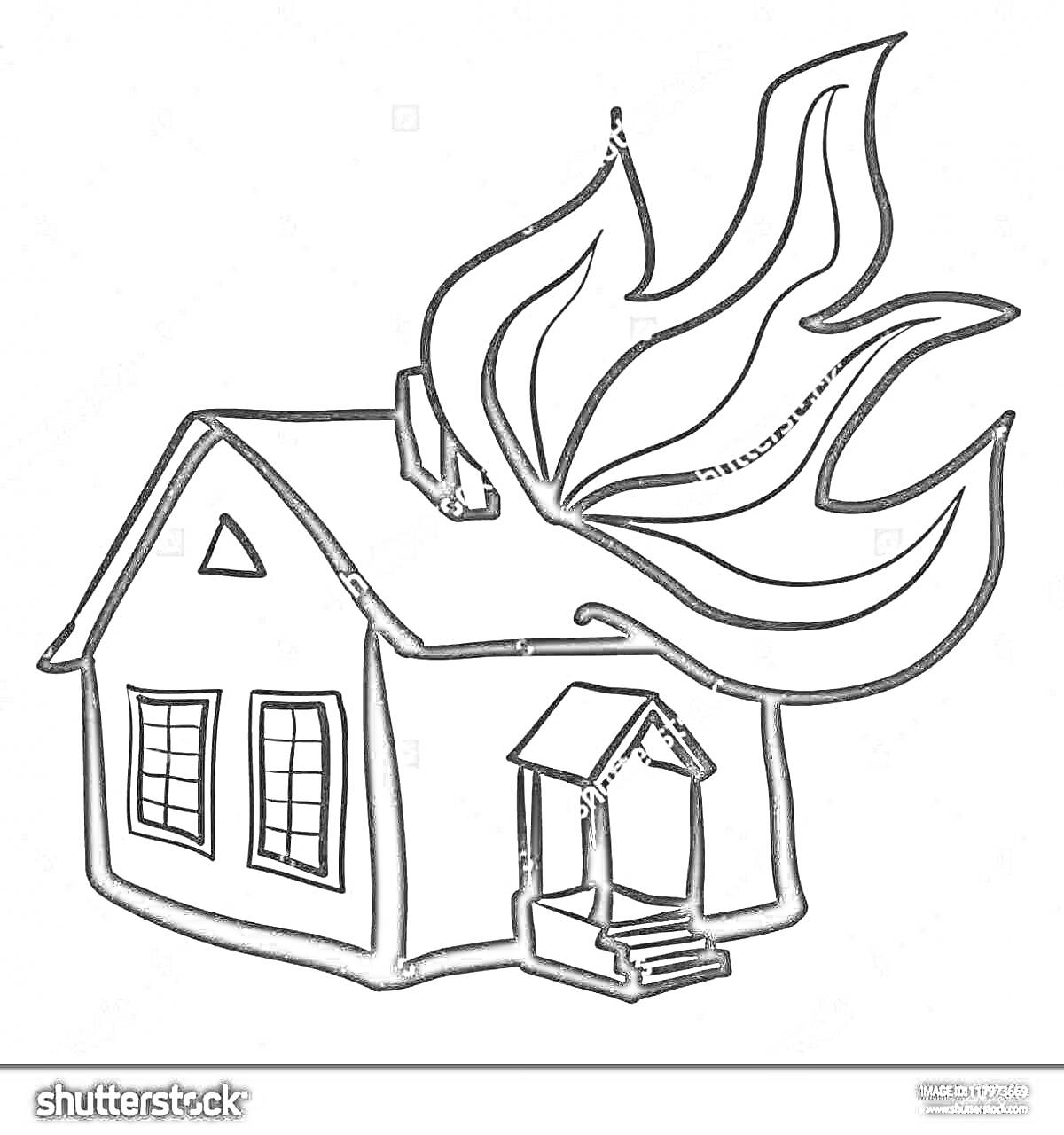 На раскраске изображено: Дом, Огонь, Крыша, Пожар, Окна, Дверь, Здание, Безопасность
