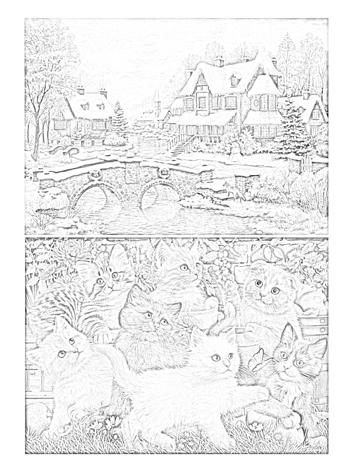 Раскраска Зимний деревенский дом с мостиком и группа котят в саду