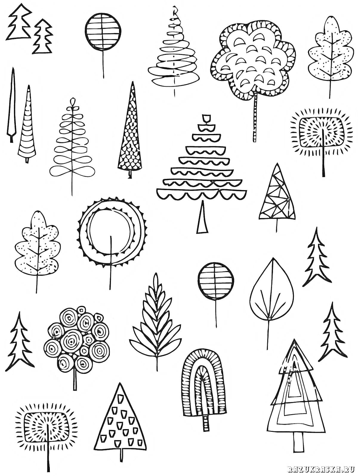 На раскраске изображено: Хвойные деревья, Елки, Природа, Графика, Лес, Сосна