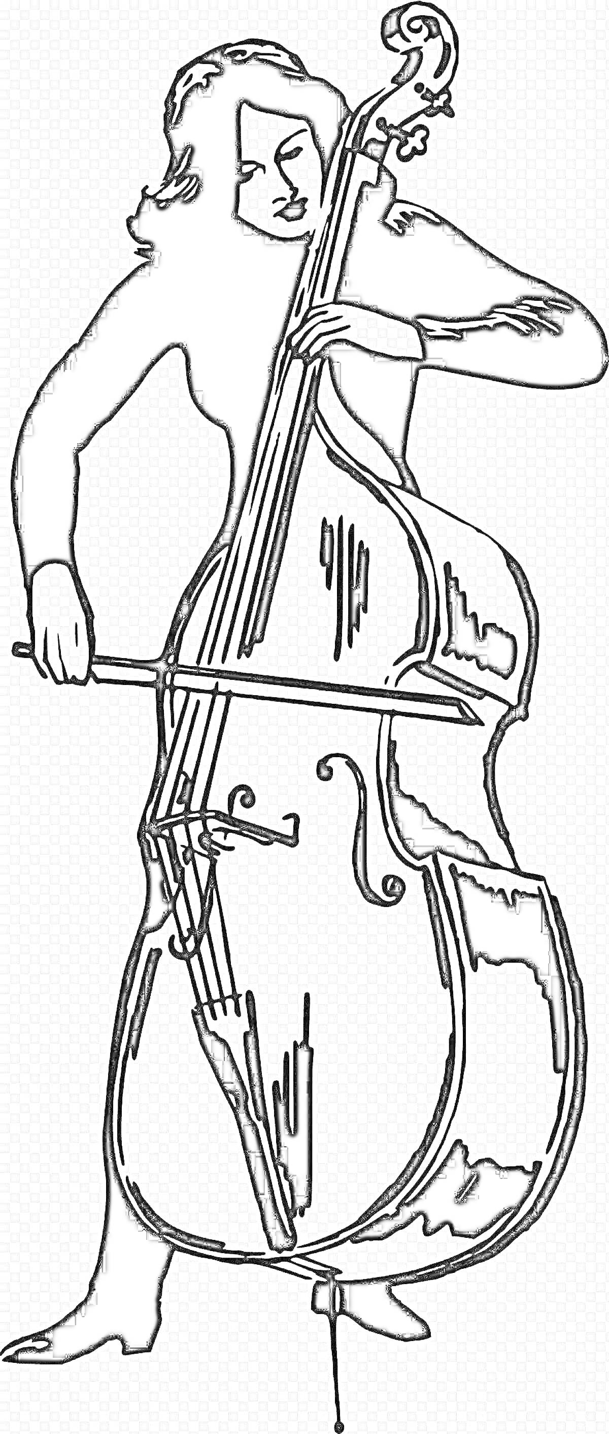 На раскраске изображено: Контрабас, Женщина, Музыка, Струнный инструмент, Музыкальные инструменты