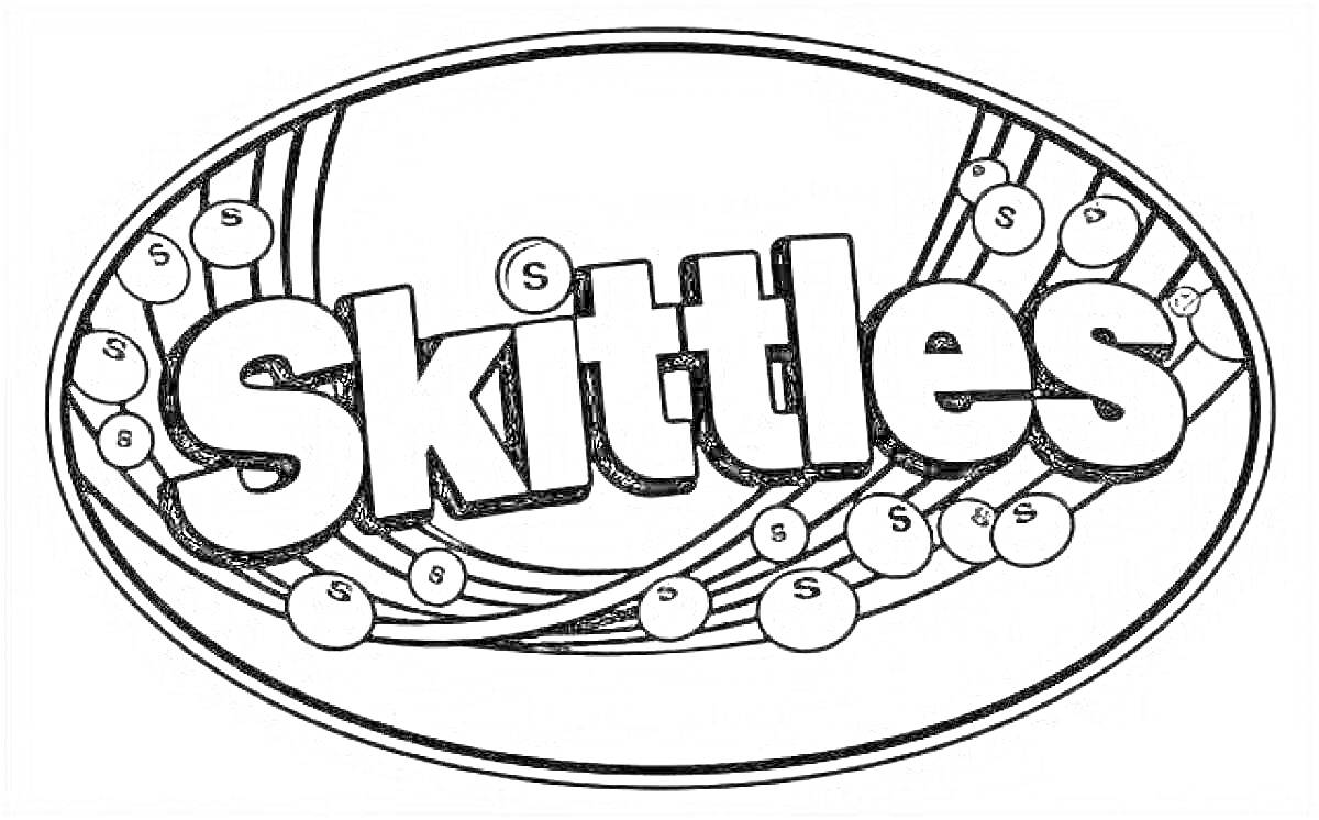 Раскраска Логотип Skittles с конфетами и линиями