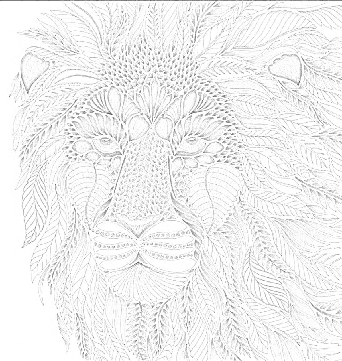 Раскраска Лев с листьями в гриве