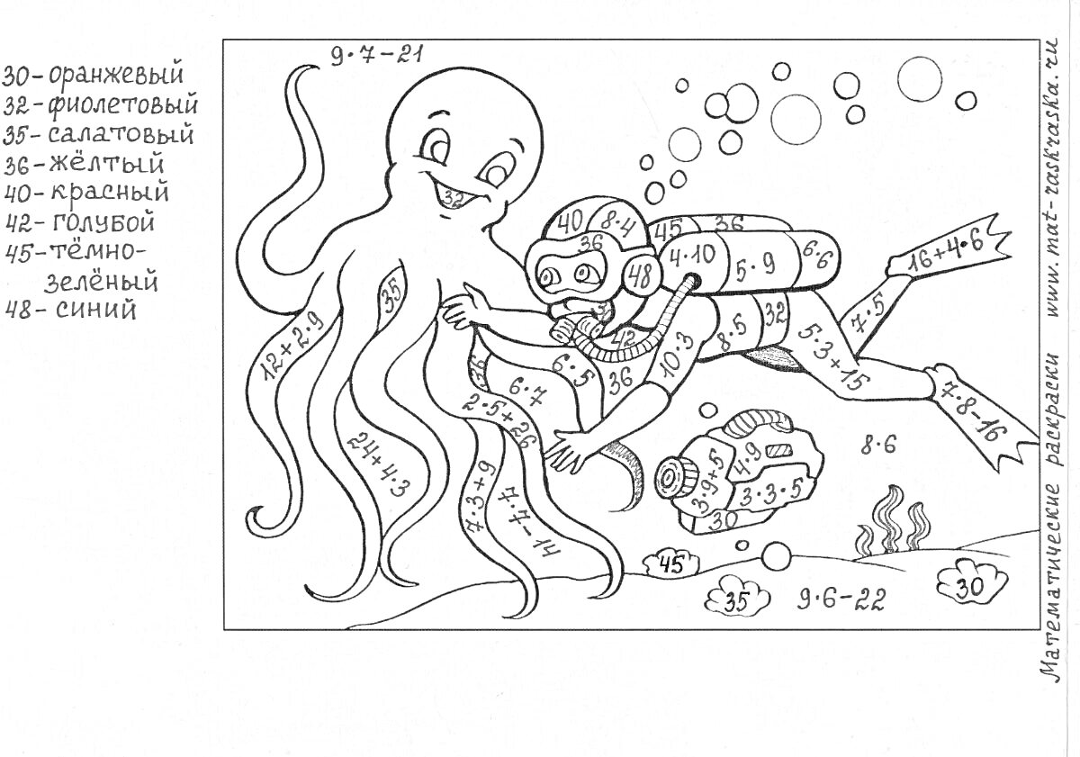 Раскраска осьминог, водолаз, рыбка, водоросли, математическая раскраска, таблица умножения и деления