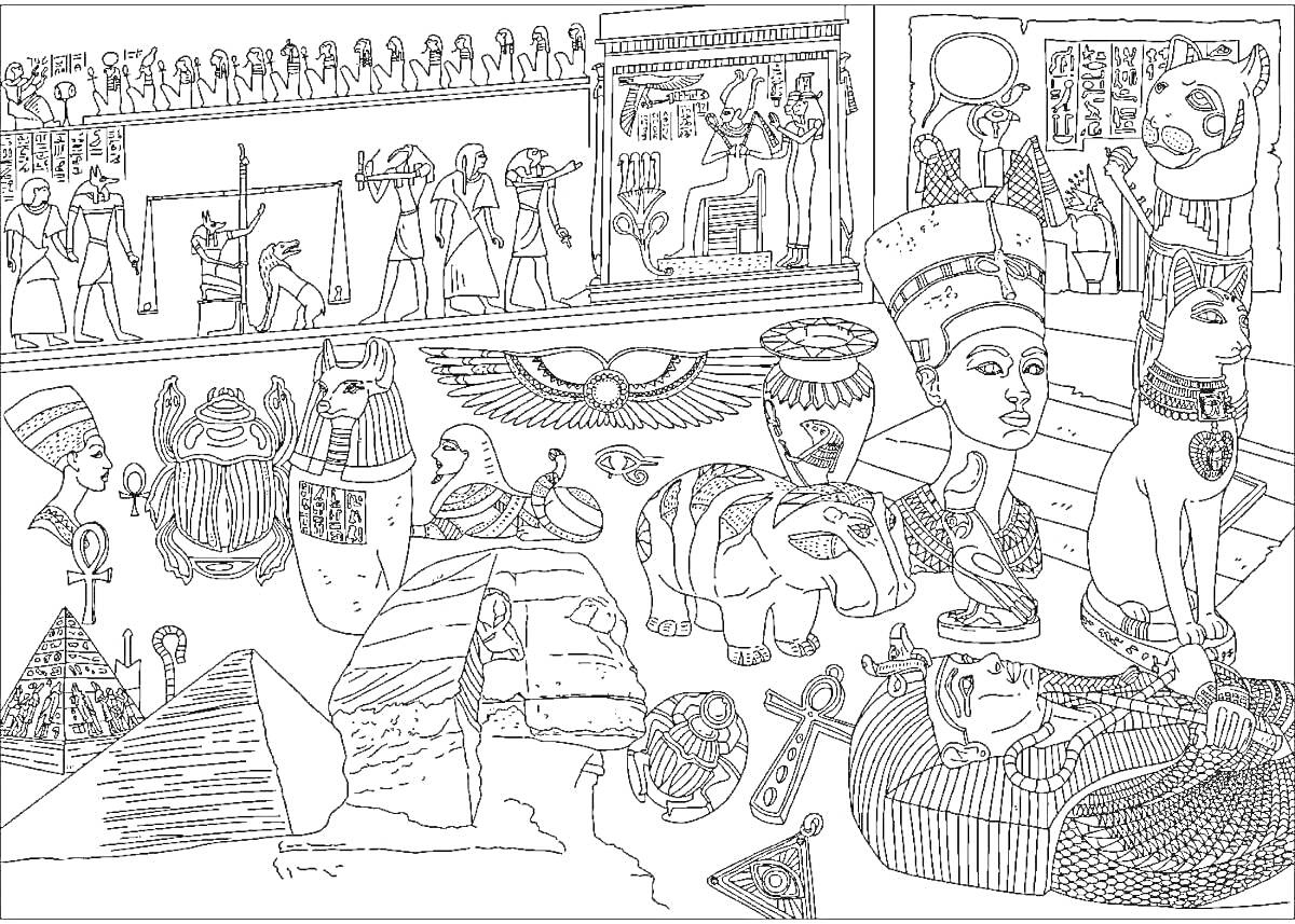 Раскраска Древний Египет с фараоном, пирамидой, сфинксом, статуэтками, саркофагом, иероглифами и храмом.