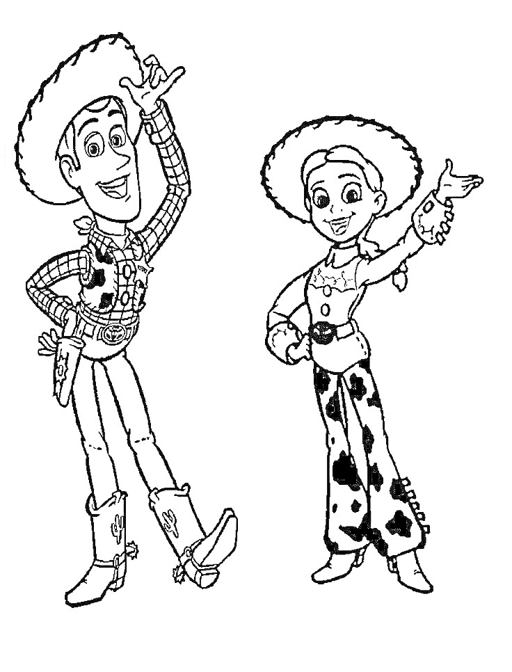 Раскраска Джесси и Вуди из мультфильма, одетые как ковбои