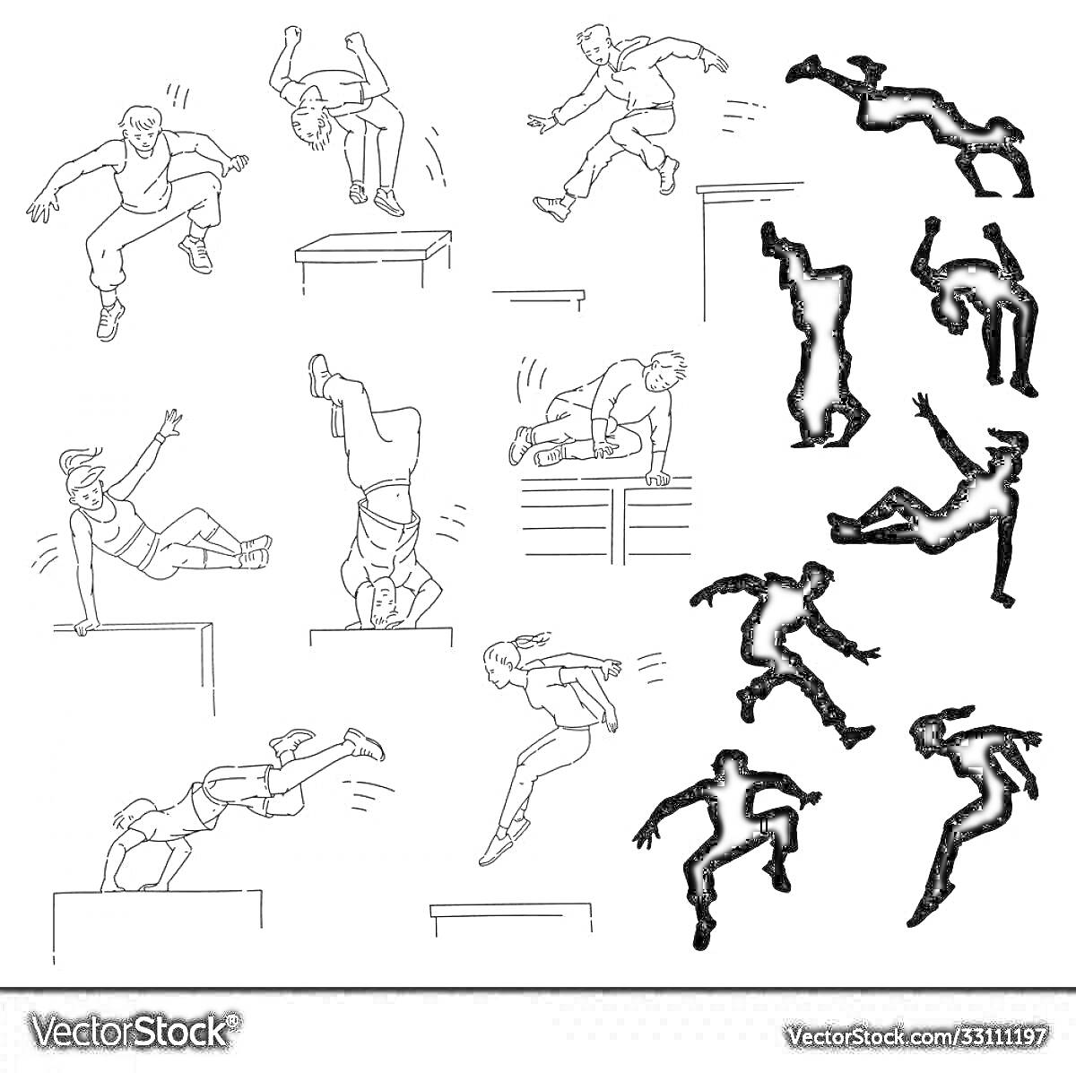 На раскраске изображено: Прыжки, Препятствия, Движение, Активность, Экстремальный спорт, Силуэты