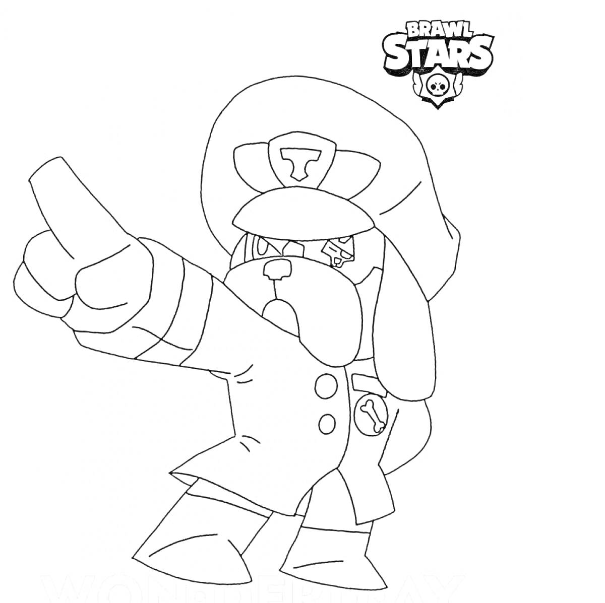 Раскраска Честер из игры Brawl Stars в полицейском костюме, показывает пальцем вперед