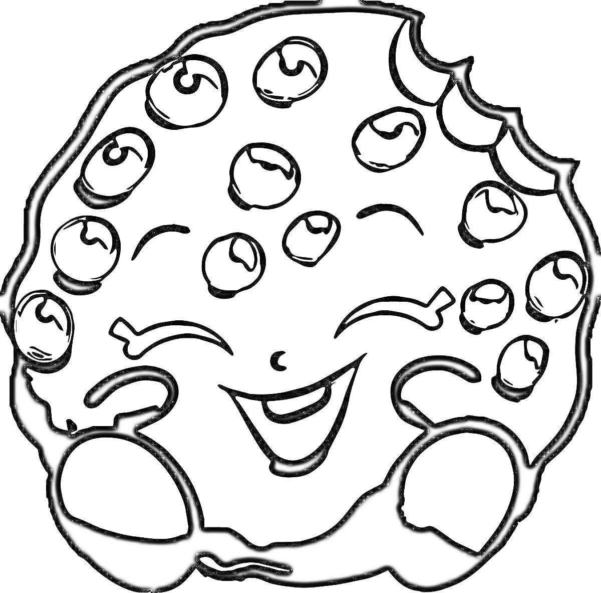 Раскраска Печенье с кусочками шоколада, улыбающееся лицо с закрытыми глазами, окруженное шариками
