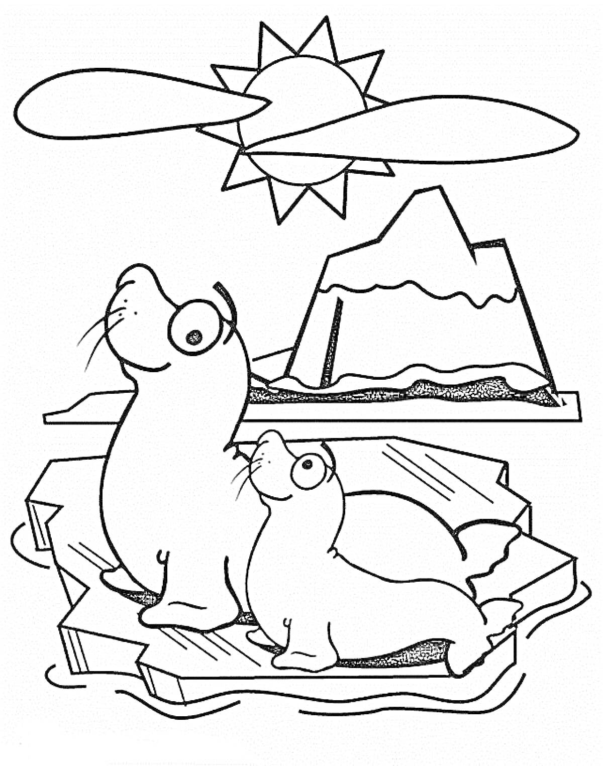 На раскраске изображено: Морской котик, Льдина, Айсберг, Солнце, Вода, Морские животные, Природа, Арктика