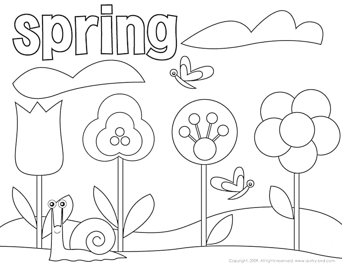Раскраска Весна с цветами, улиткой и бабочками