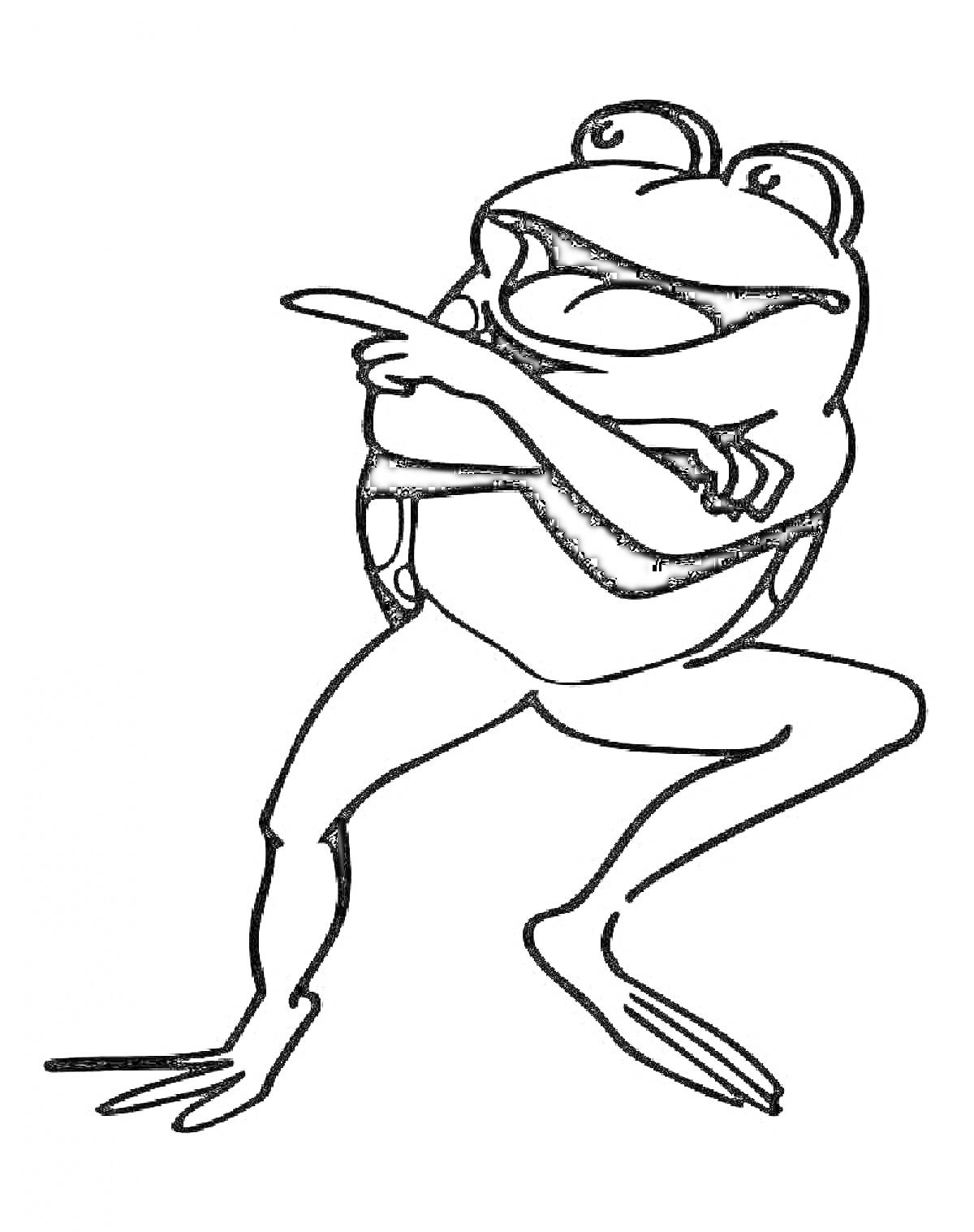На раскраске изображено: Мультяшная лягушка, Танец, Юмор, Движение, Лягушки