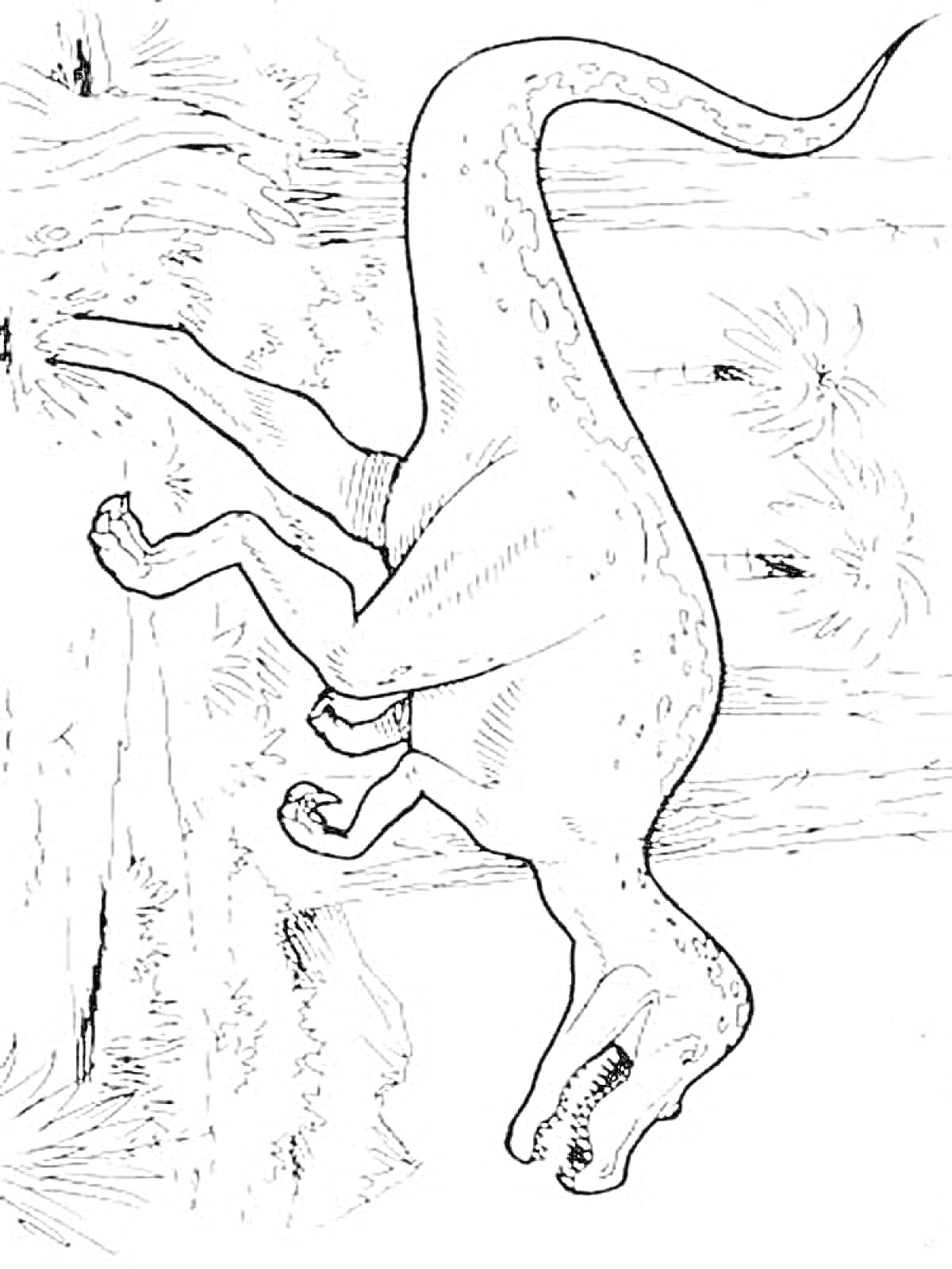 Раскраска Динозавр на фоне леса и кустарников