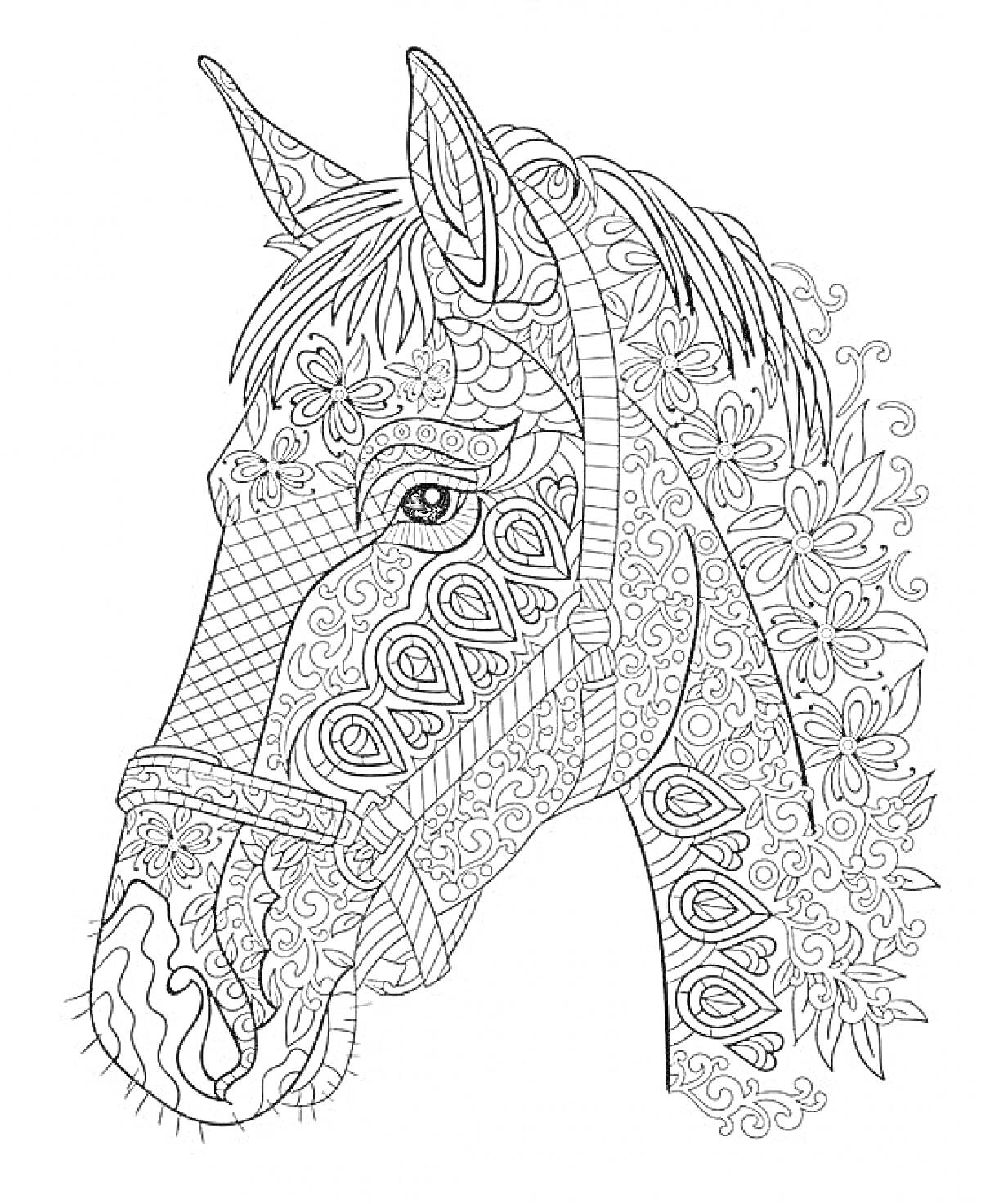 На раскраске изображено: Антистресс, Лошадь, Цветы, Узоры, Сбруя, Терапия, Контурные рисунки