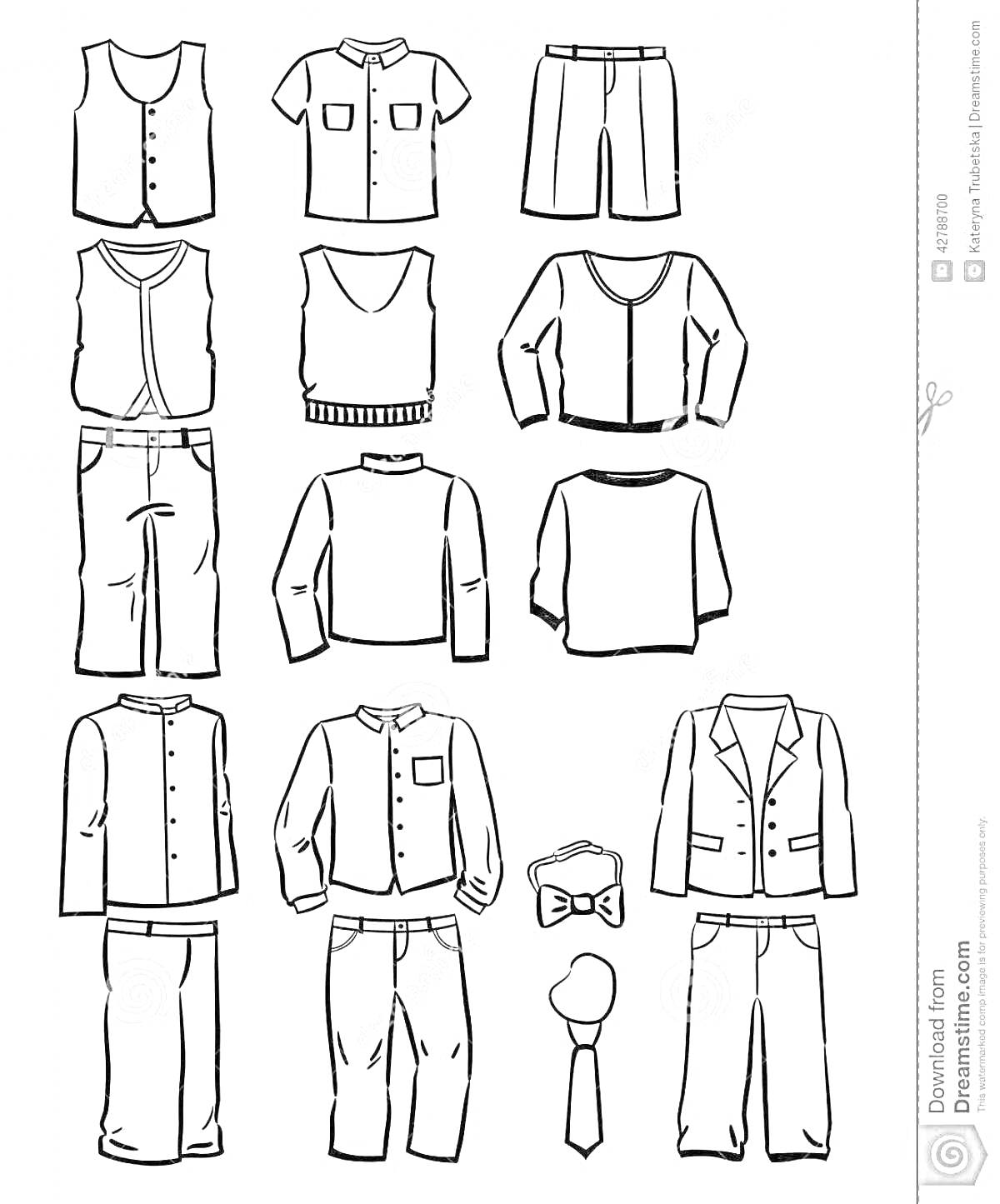 Раскраска Школьная форма для мальчиков с жилетом, рубашкой с коротким рукавом, шортами, свитером, рубашкой на пуговицах, кофтой, джемпером, рубашкой с длинным рукавом, пиджаком, брюками, галстуком и бабочкой.