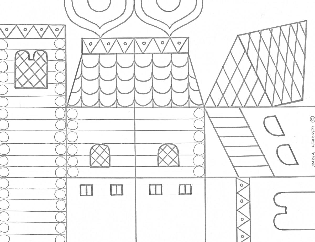 На раскраске изображено: Окна, Крыша, Узоры, Деревянный дом, Декоративные элементы, Стена
