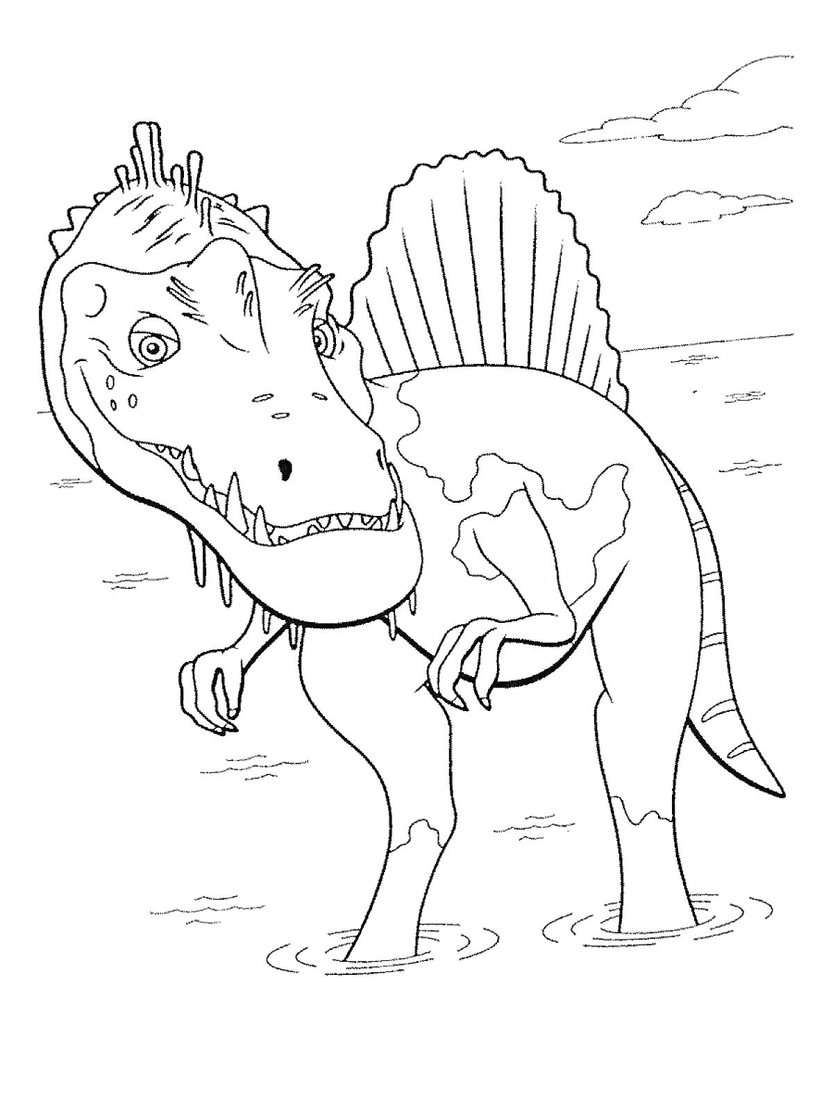 Раскраска Динозавр в воде с плавником на спине и облаками на заднем плане