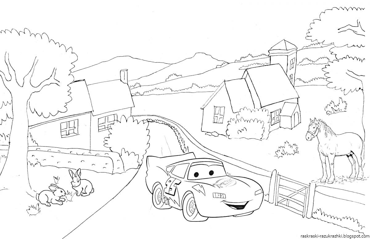 На раскраске изображено: Деревня, Дом, Деревья, Лошадь, Заяц, Забор, Холмы, Кусты