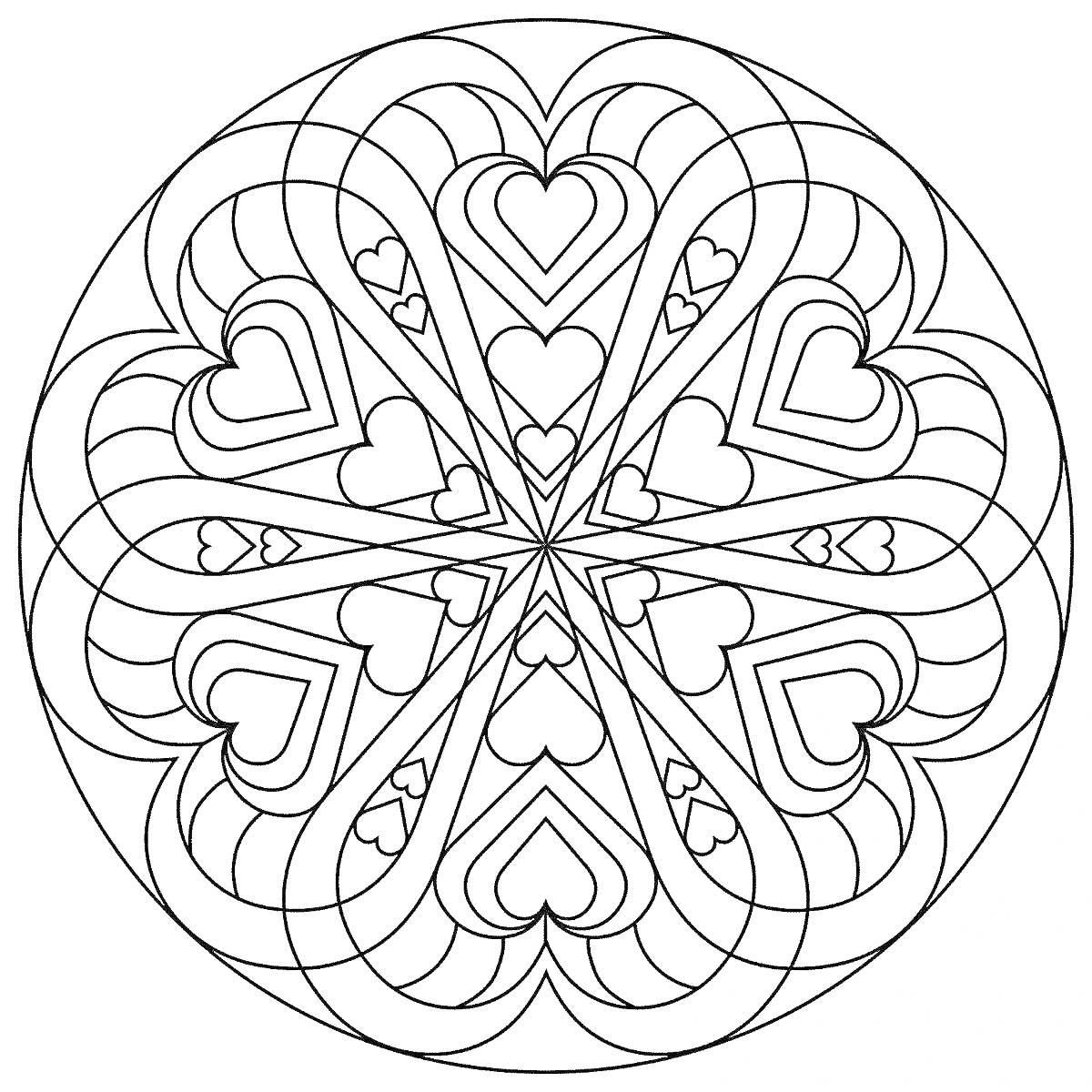 На раскраске изображено: Мандала, Сердца, Узоры, Расслабление, Медитация, Искусство, Симметрия