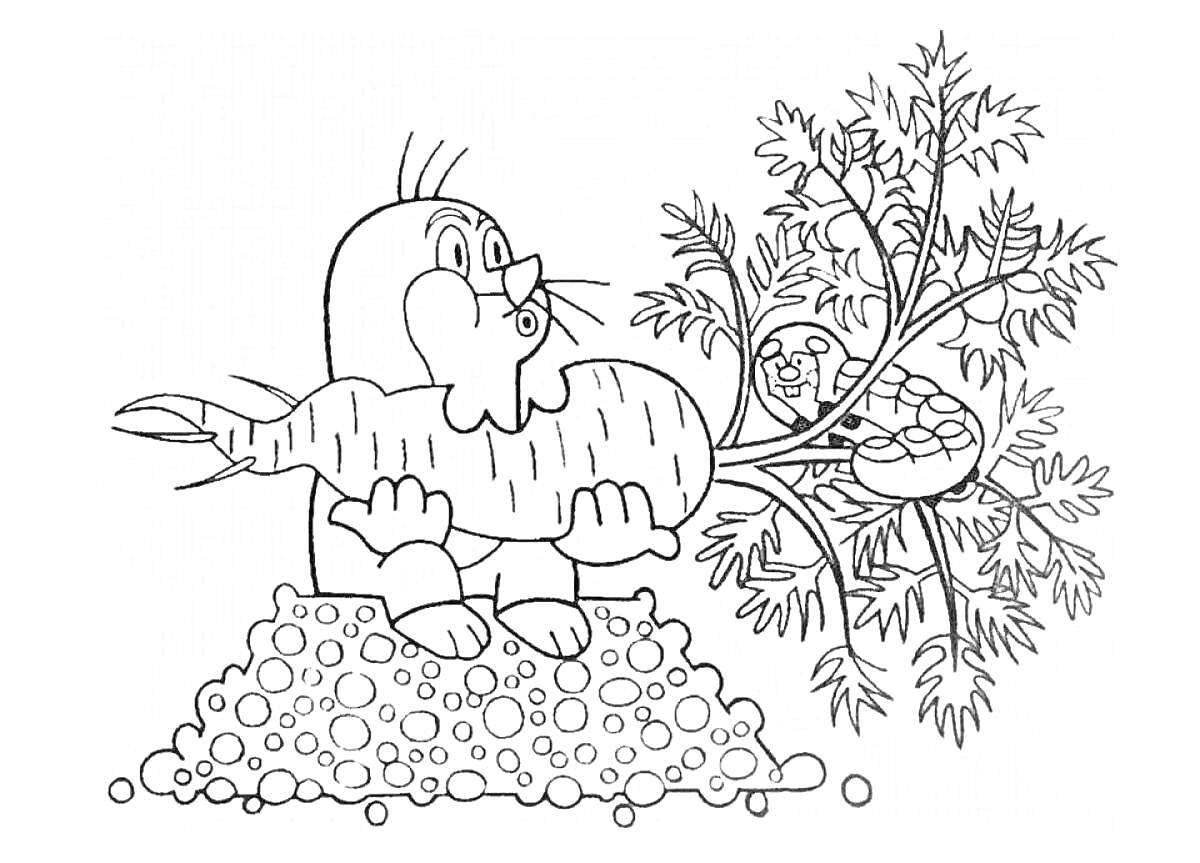 На раскраске изображено: Морковь, Червячок, Овощи, Природа, Мультипликационный персонаж