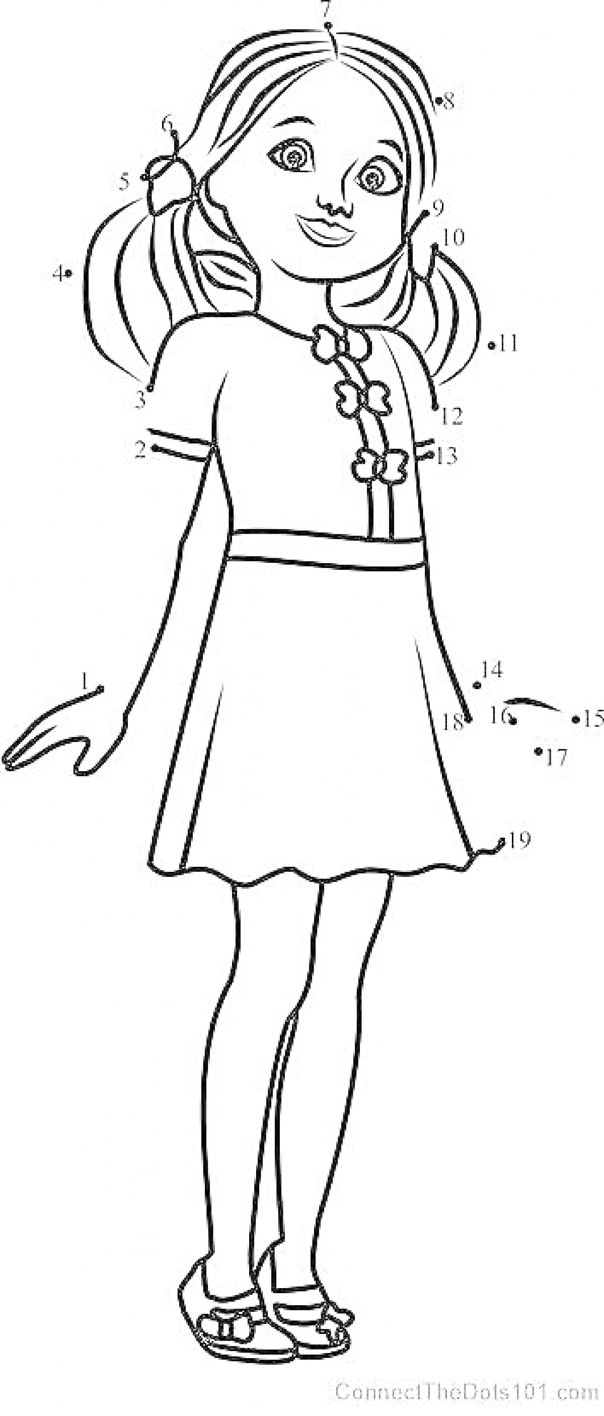 Раскраска Девочка в платье с цветами и хвостиками, соединение точек