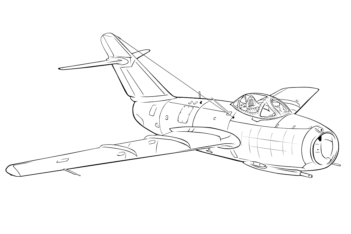 Раскраска Военный самолет с одним задним стабилизатором и одним крылом, вид сбоку, с открытым кокпитом и детализированным корпусом.