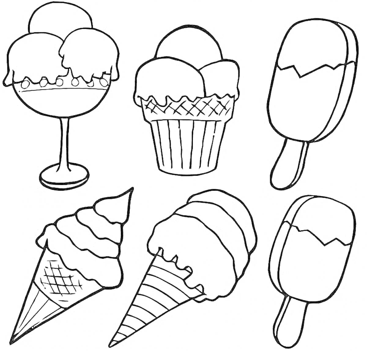 Раскраска Разнообразные виды мороженого: мороженое в креманке, мороженое в бумажном стаканчике, эскимо на палочке, вафельный рожок с мороженым, еще один вафельный рожок с мороженым, еще одно эскимо на палочке