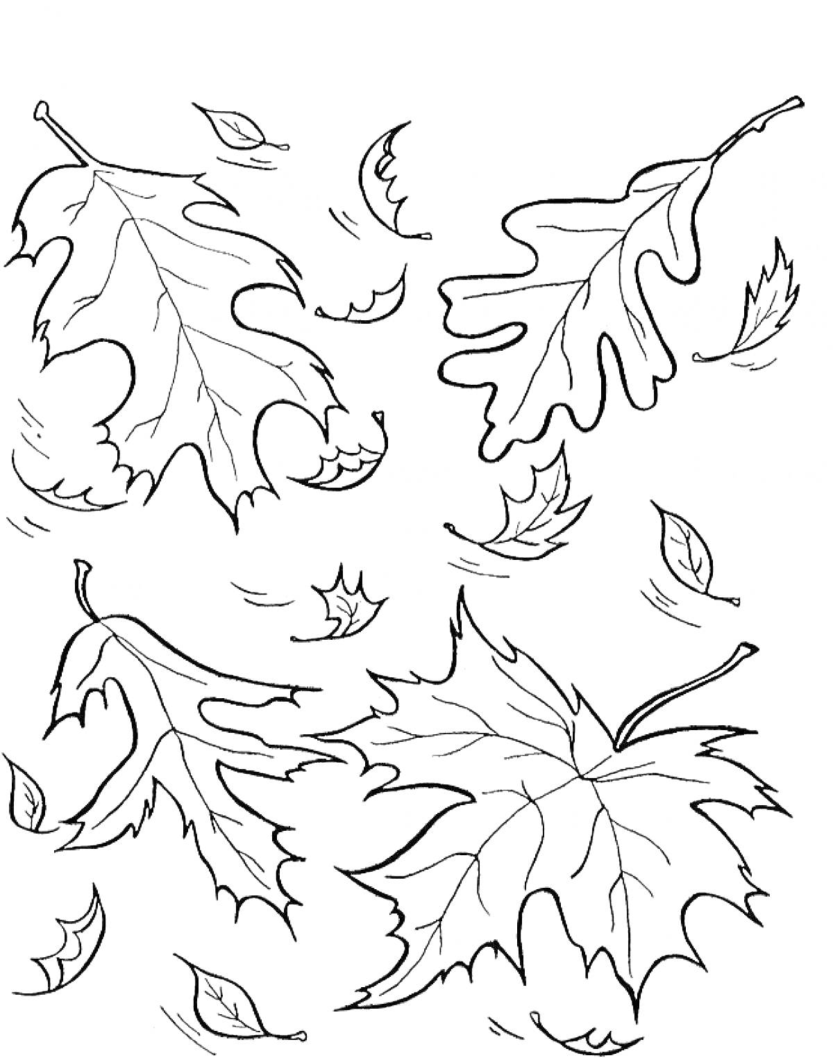 Раскраска Осенние листья в ветре