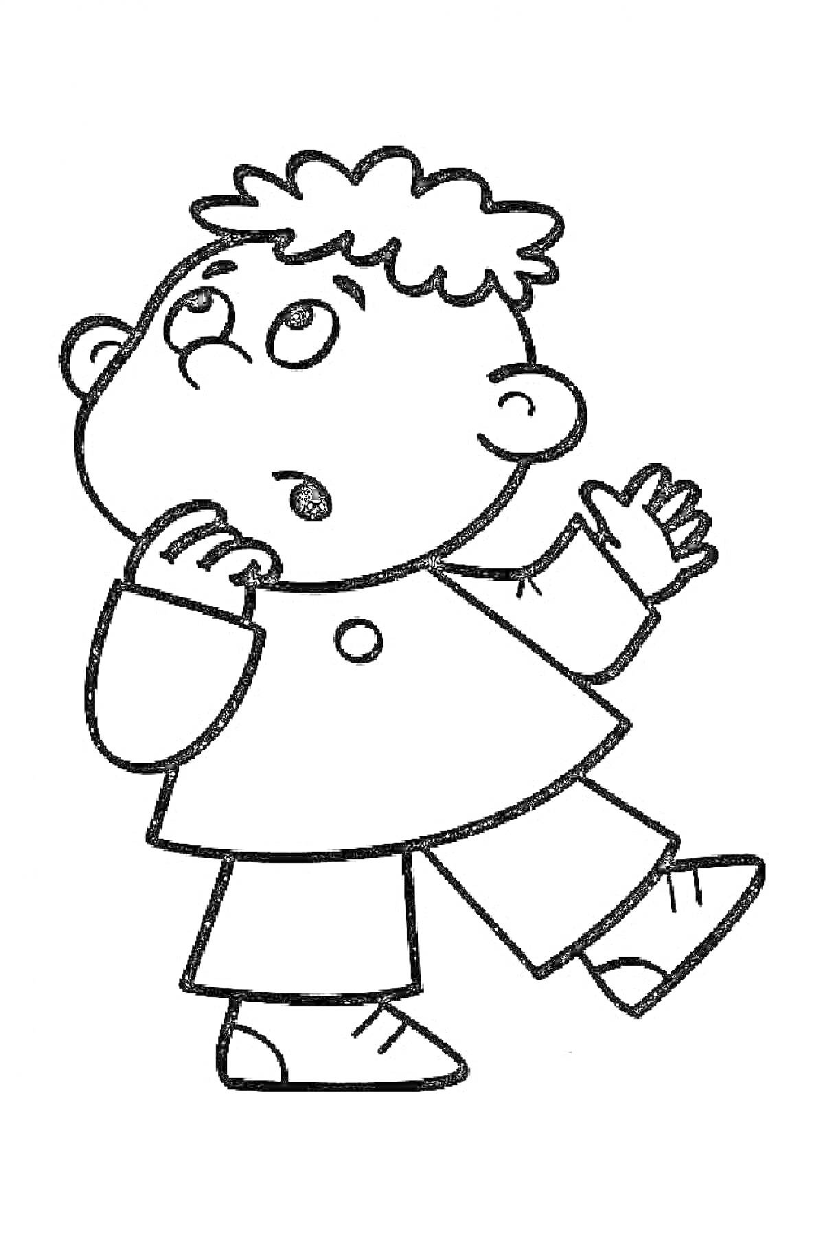 Ребёнок с вьющимися волосами в одежде, смотрящий вверх и прикладывающий руку ко рту