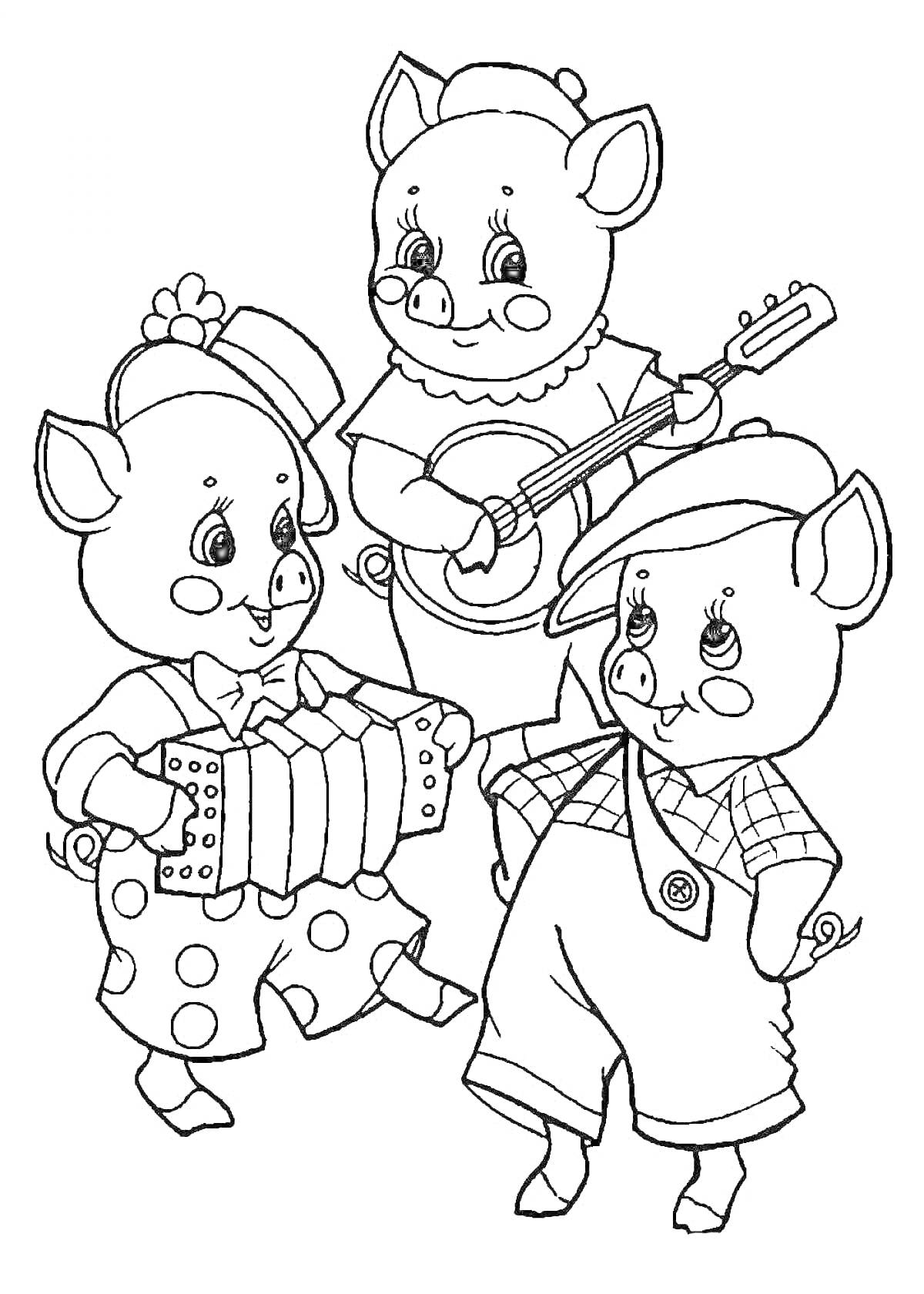 На раскраске изображено: Три поросенка, Гитара, Аккордеон, Музыка, Свинки