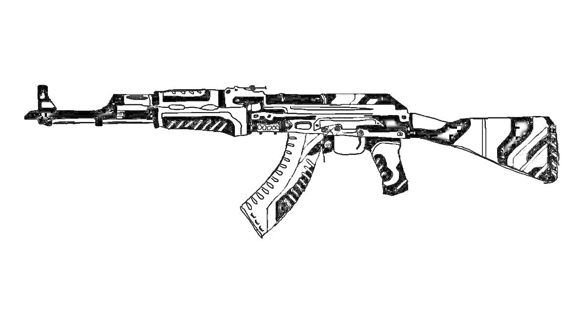На раскраске изображено: АК-47, Автомат, Оружие, Камуфляж, Военная техника