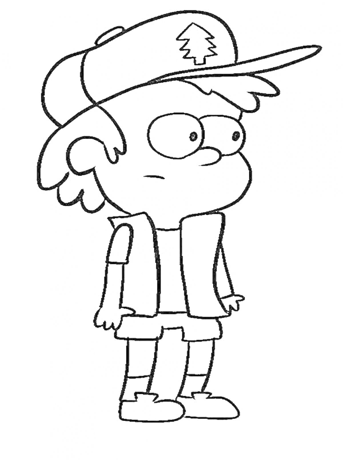 Раскраска Мальчик в кепке с эмблемой ёлки, стоящий в жилете, футболке и шортах