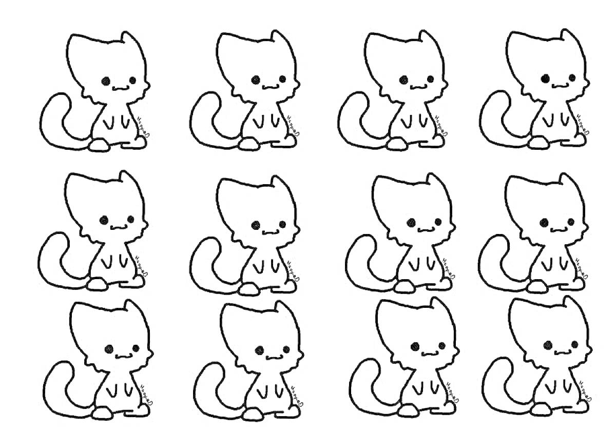 Раскраска Рисунок с множеством маленьких котят, сидящих в ряд