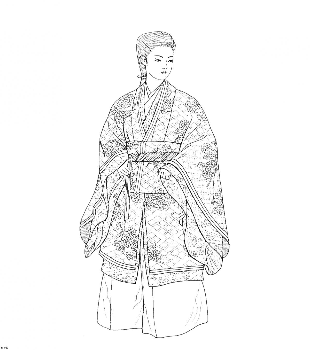 На раскраске изображено: Кимоно, Японская одежда, Традиционная одежда, Японский стиль, Азиатская культура, Длинный рукав