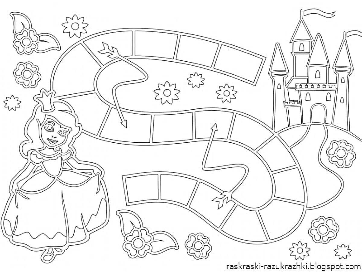 На раскраске изображено: Принцесса, Замок, Игра, Дорожка, Цветы, Звезды, Для детей