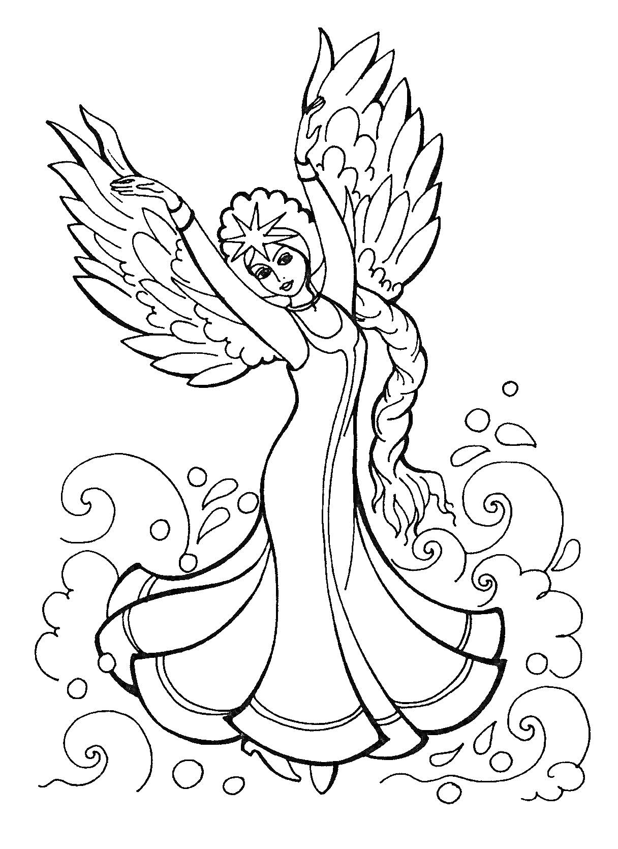 Раскраска Принцесса с крыльями в танце, волны и завитки