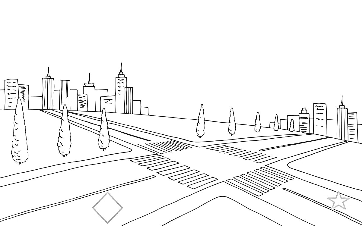 Раскраска Виды на перекресток с высотными зданиями, деревьями, пешеходными переходами и геометрическими фигурами