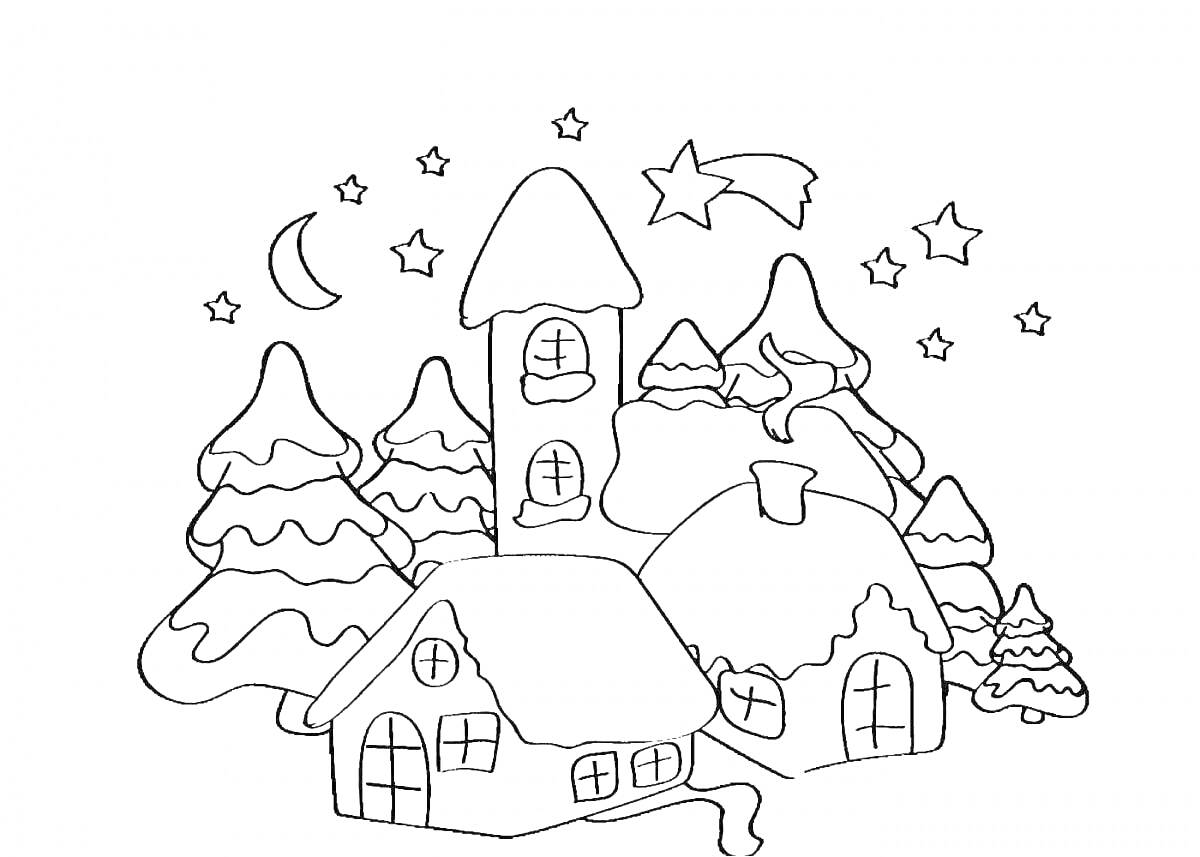 На раскраске изображено: Зимний дом, Ёлки, Месяц, Падающие звезды, Снег, Дом, Зима, Ночь