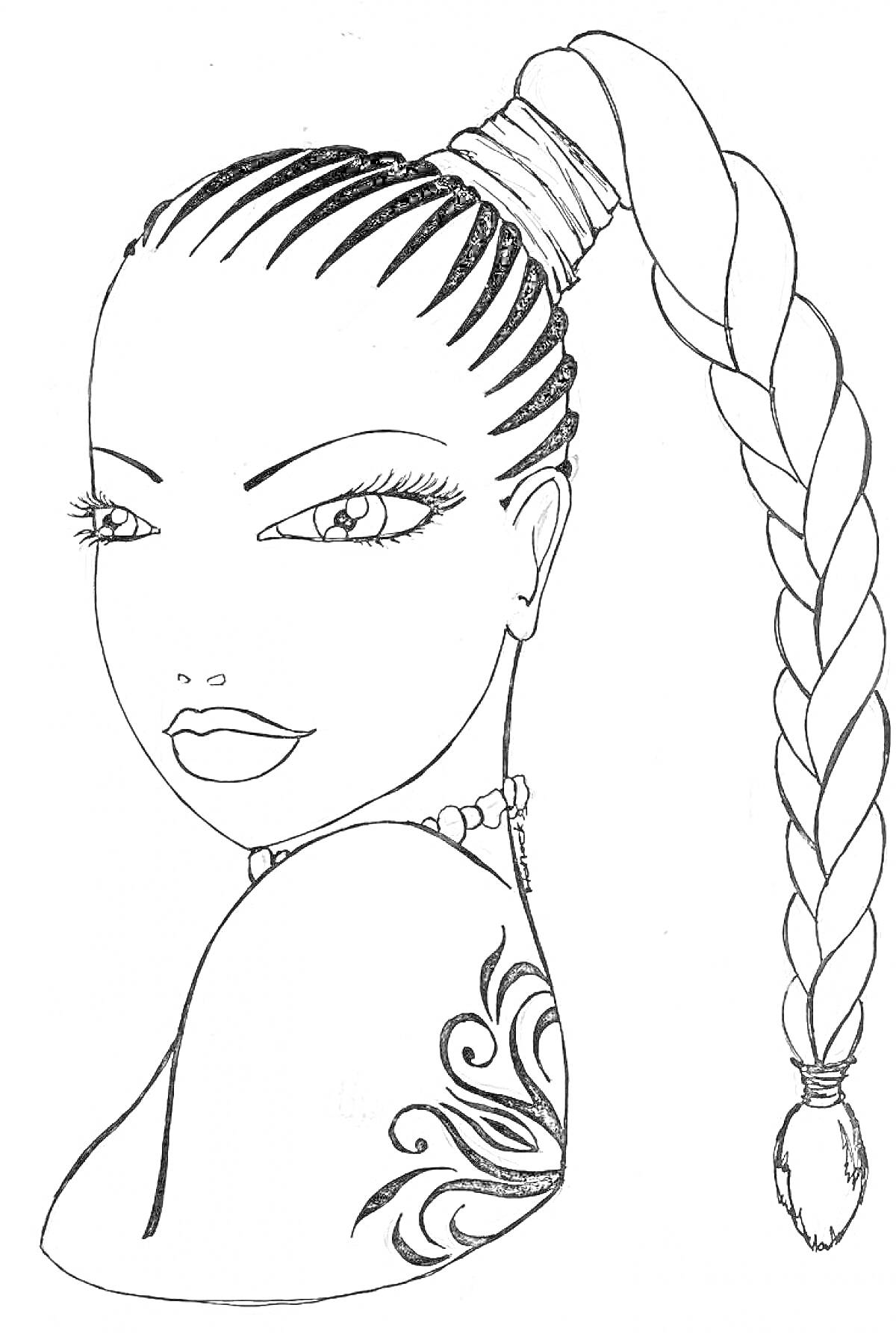 Раскраска Женщина с длинной заплетенной косой, с высоким хвостом на голове, глубоким макияжем глаз, ожерельем на шее и татуировкой на правом плече