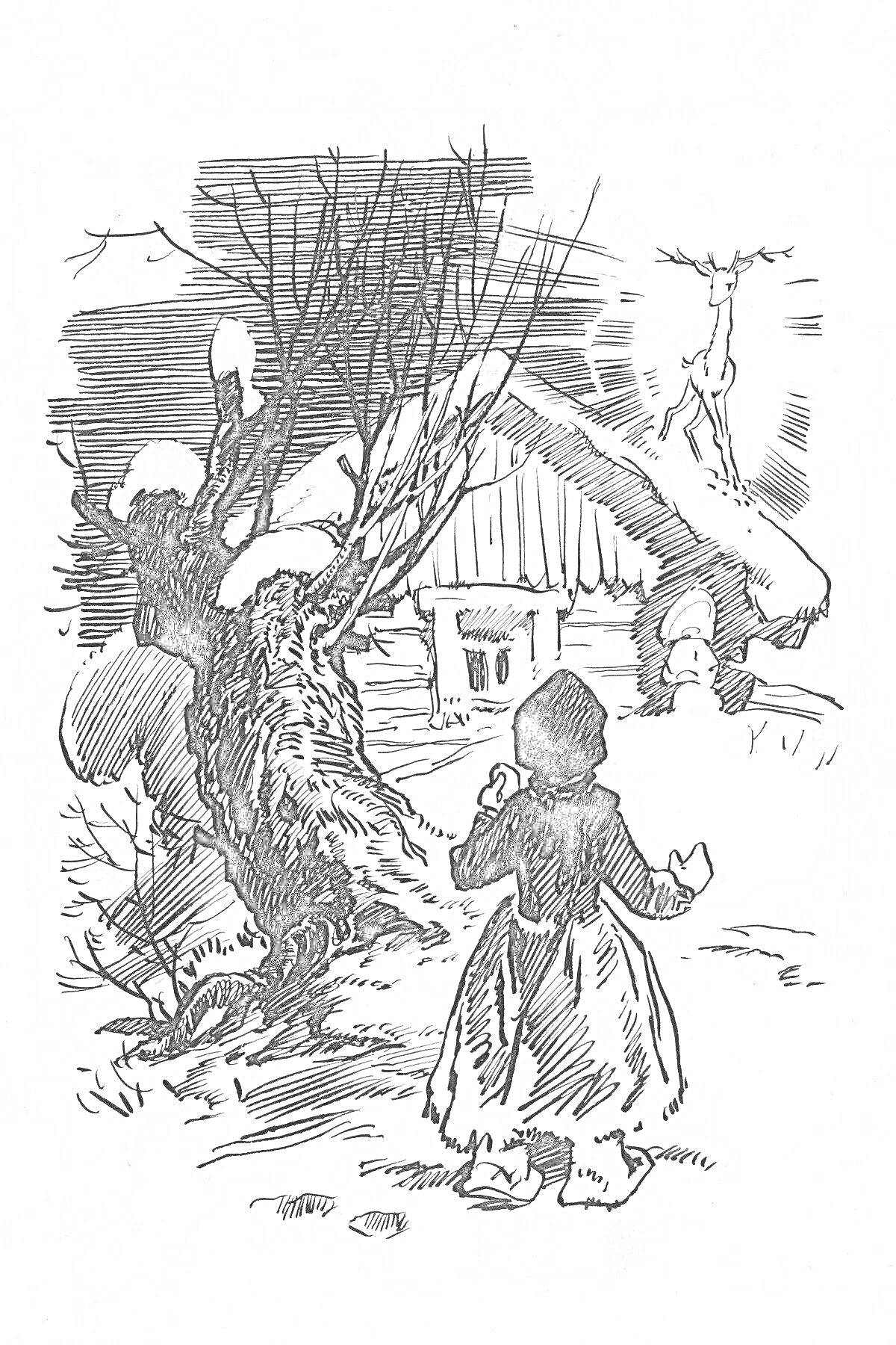 На раскраске изображено: Девочка, Зимний лес, Снег, Дом, Зима