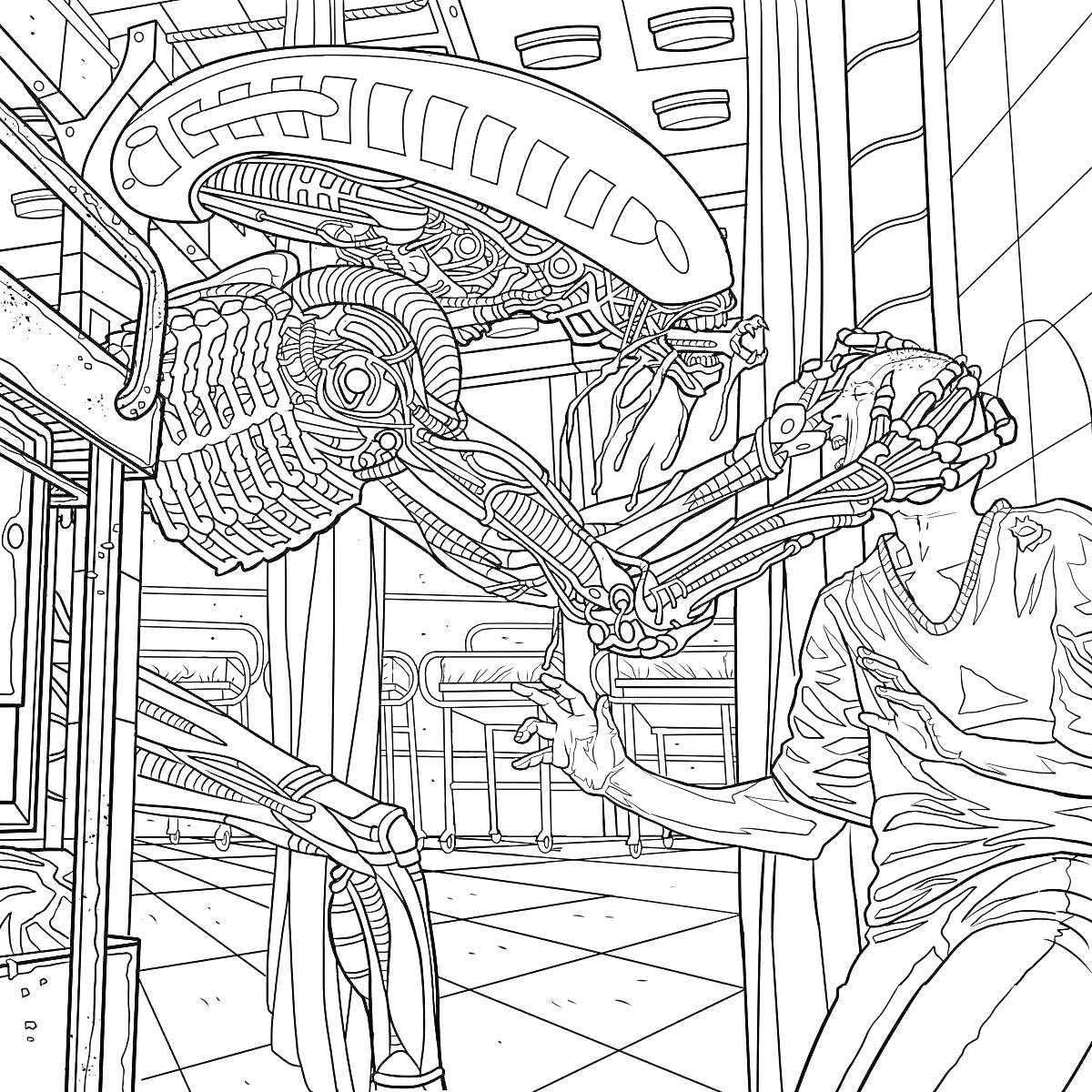 На раскраске изображено: Человек, Здание, Футуризм, Научная фантастика, Будущее, Робот, Инопланетяне