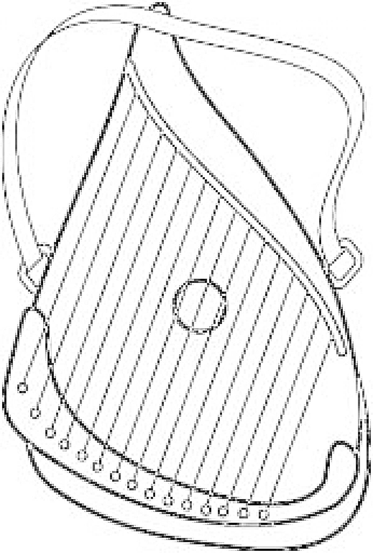 На раскраске изображено: Гусли, Музыкальный инструмент, Струны, Ремень
