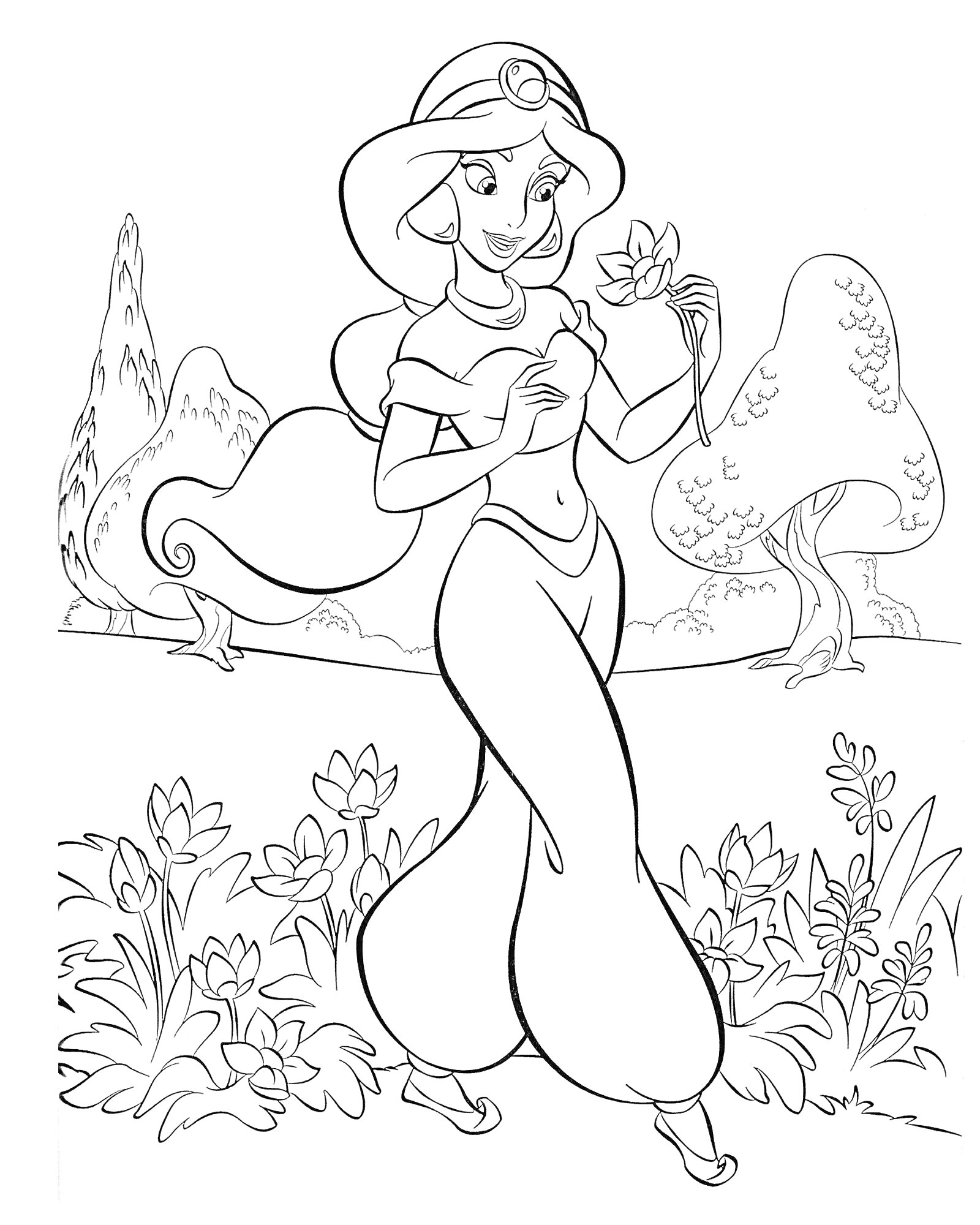 Раскраска Принцесса в саду с цветами жасмина