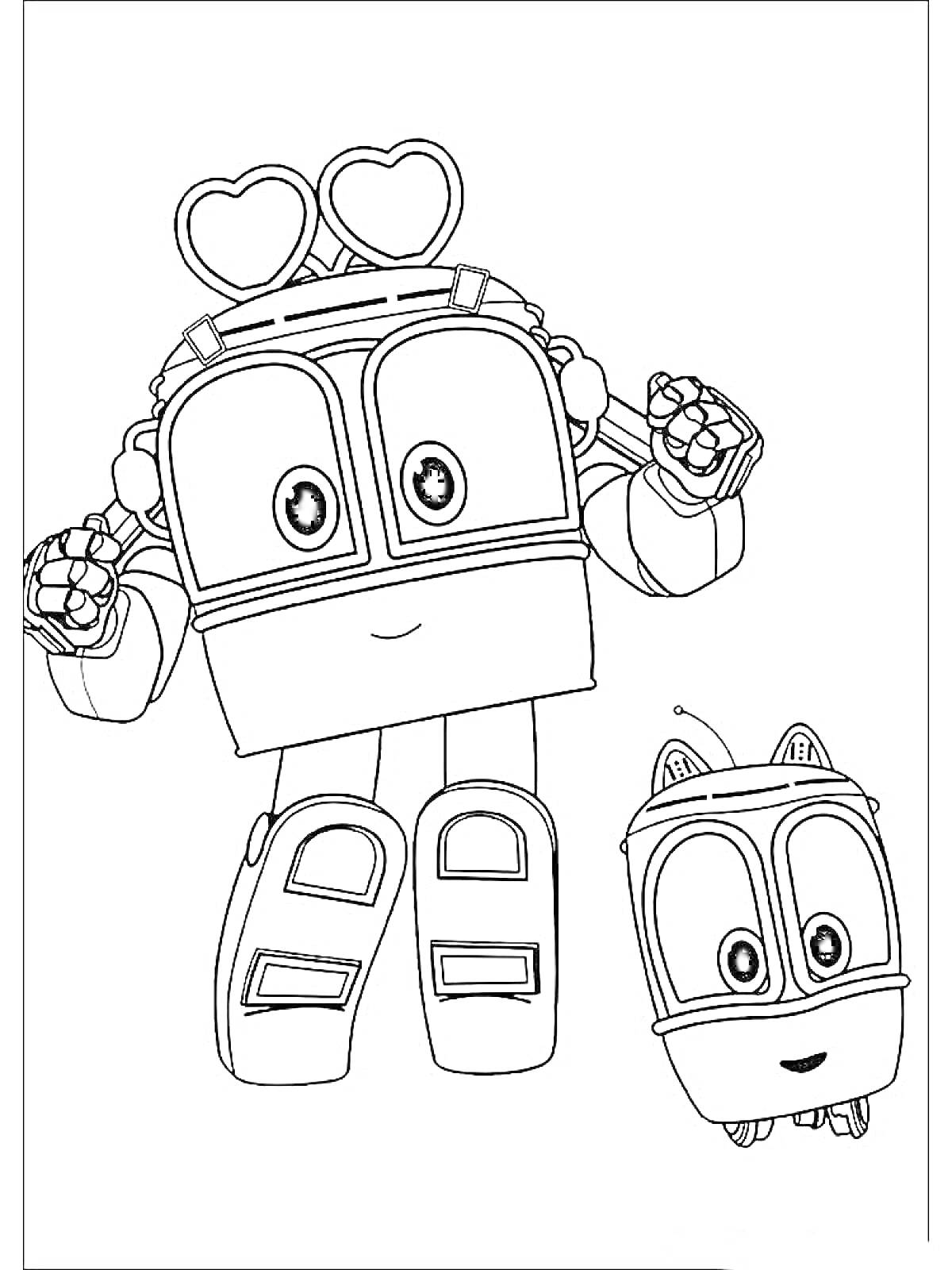 Раскраска Два робота с сердечками на голове и прорисовкой лицевых деталей